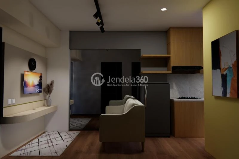 Living Room Trendy 2BR Apartment Middle Floor with Swimming Pool View at Kebagusan City Apartment