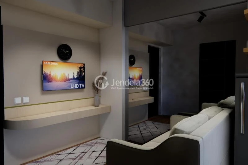 Living Room Trendy 2BR Apartment Middle Floor with Swimming Pool View at Kebagusan City Apartment