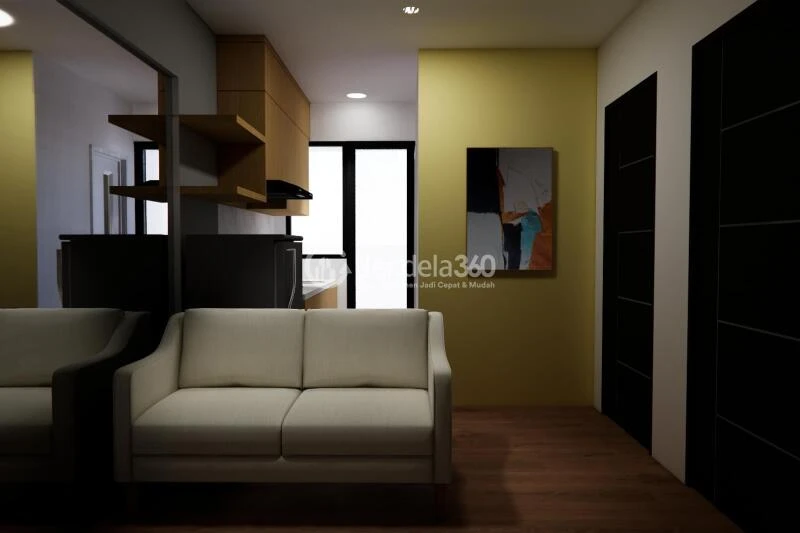 Living Room Trendy 2BR Apartment Middle Floor with Swimming Pool View at Kebagusan City Apartment